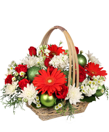 BE JOLLY BASKET HOLIDAY FLOWERS  - Celebrate the season with this jolly bouquet! Filled to the brim with red gerberas, red spray roses, white cushion poms, white stock, white aster, and ornaments, Be Jolly Basket is the perfect gift for the holiday season. Cheerful and vibrant, this basket is sure to bring Christmas delight to whoever receives it! 
