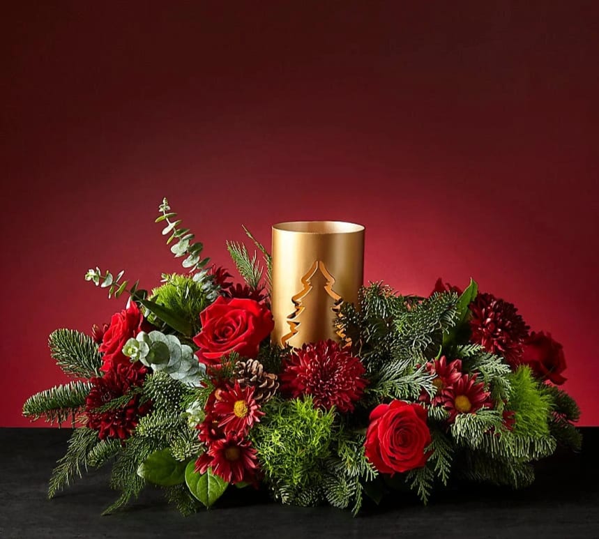Through the Woods Centerpiece - Rekindle your appreciation for the beauty of a winter landscape with our Through the Woods centerpiece. While much of the natural world is dormant, liven your space with this rustic centerpiece's red florals and bright eucalyptus greenery. Perfect Gift for New years Eve!!