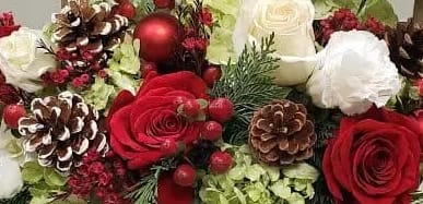 Christmas Designers choice  - An Alexandria's Christmas Designers choice you will get a beautiful christmas arrangement with winter greens with in season blooms can in glass vase or deigned in lower style. 