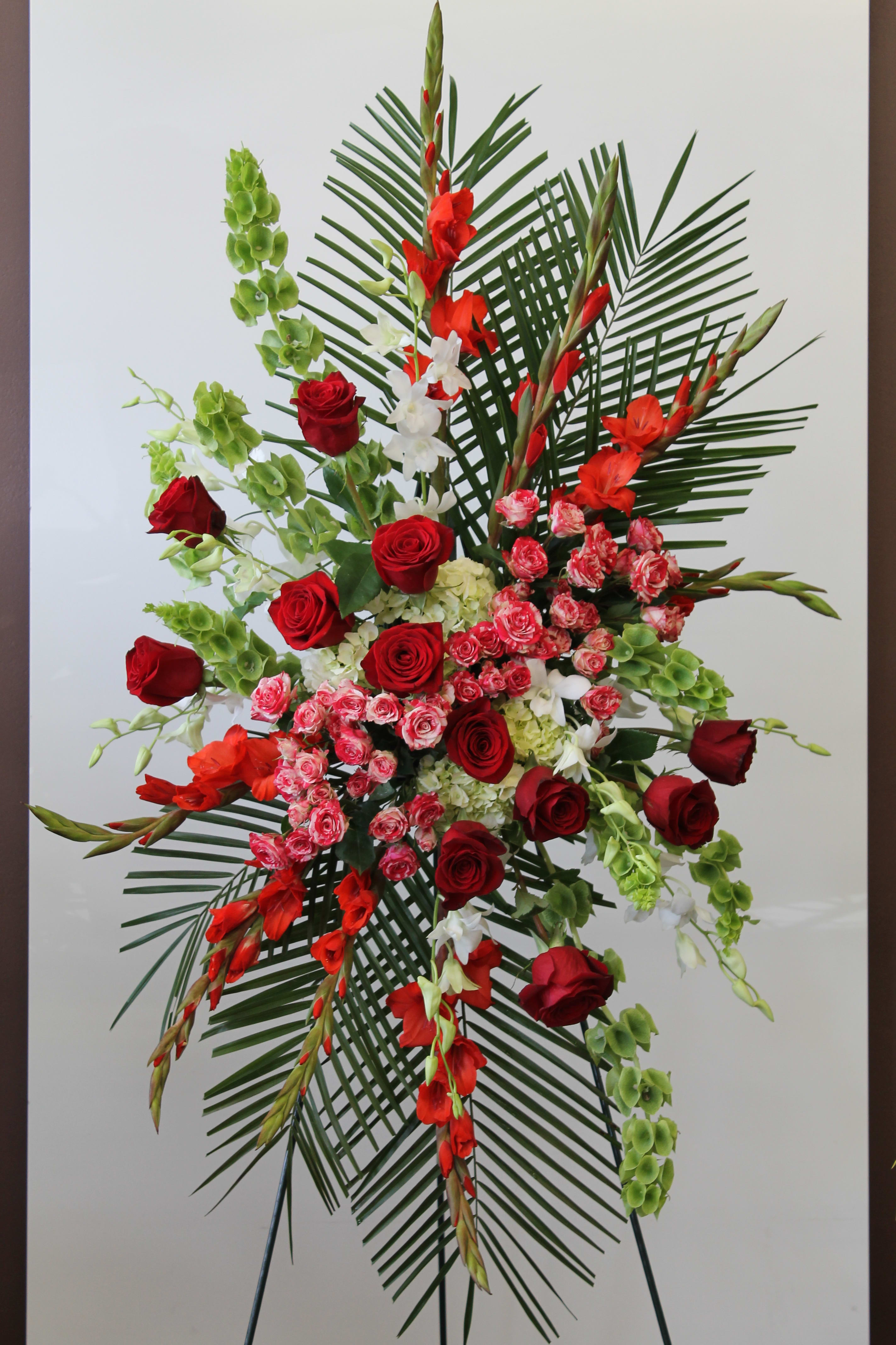 Farewell  - Roses, Glads, Spray Rose, Hydrangea, Bells of Ireland, Orchids