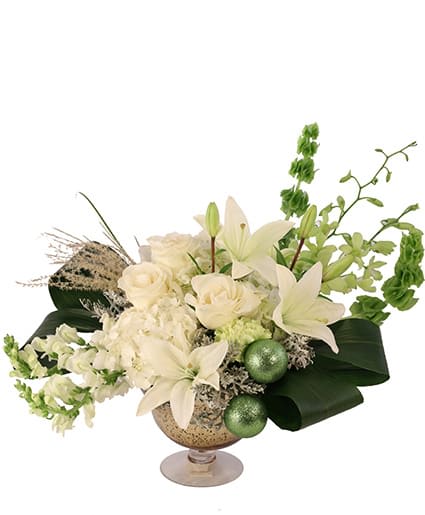 EMERALD ENCHANTMENT FLOWER ARRANGEMENT  - Emerald Enchantment is a dreamy design of white, silver, and green. With white hydrangeas and roses, green dendrobium orchids, carnations, and bells of Ireland, you can add a little magic to the holiday season. Bring home the festive beauty of this stunning arrangement or send fresh flowers to someone you love! 
