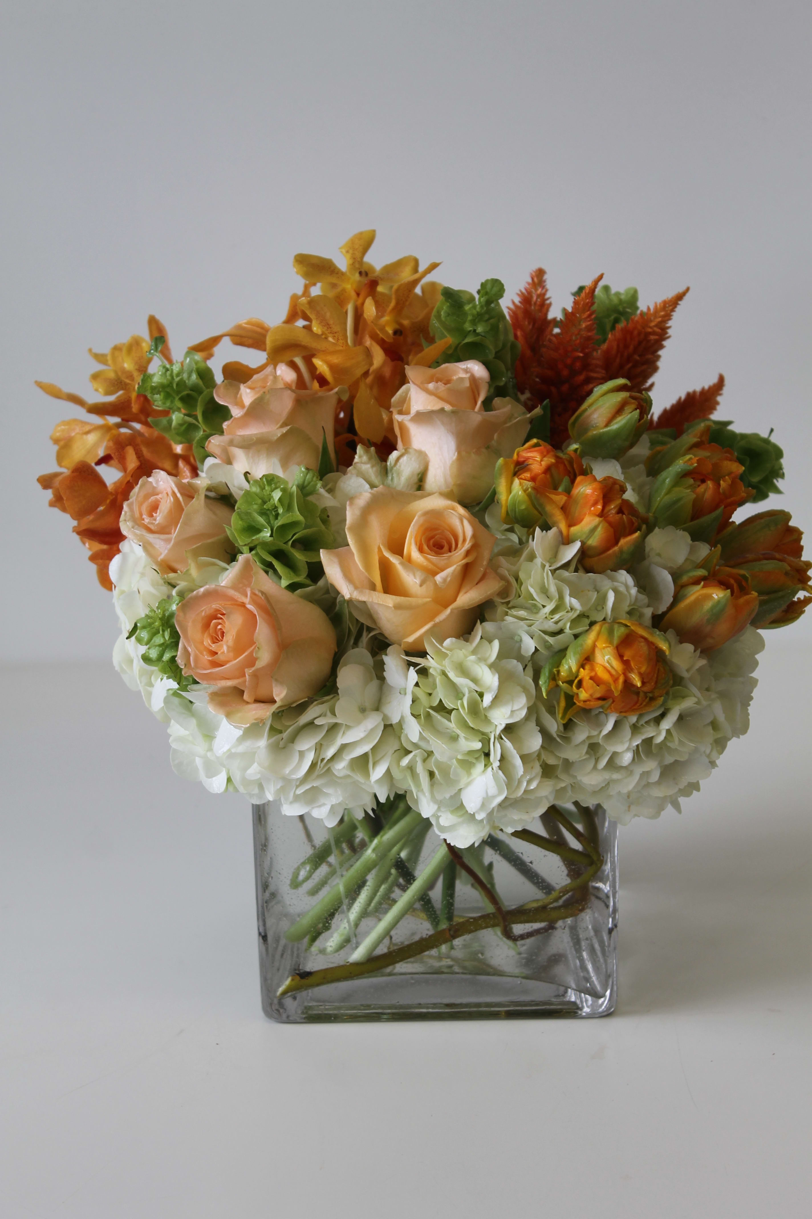 Gorgeous - Orchid, Tulips, Roses, hadrangea, Beels of Irland, Celosia