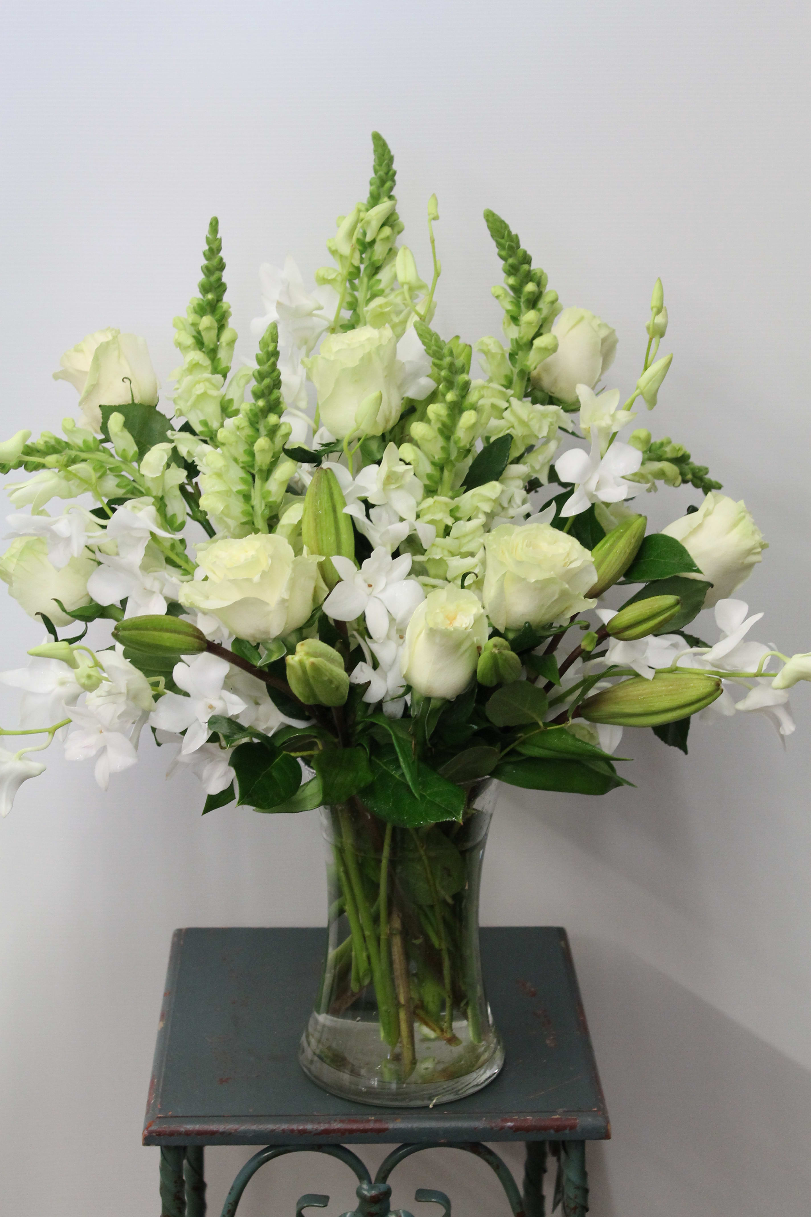 Heavenly Peaceful - All white Dendro Orchid, Snap Dragon, Rose, Lily