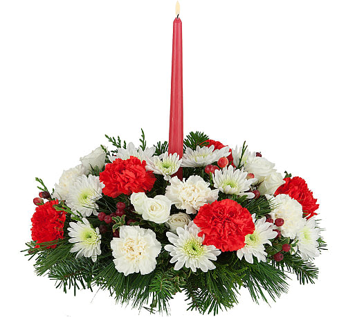 Together for Christmas Centerpiece - This floral table centerpiece celebrates all that's best about sharing the holidays with friends and family. A red taper candle is surrounded by white spray roses, white carnations, white chrysanthemums, red carnations, red hypericum berries and ample seasonal greenery. Perfect!