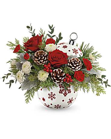 Teleflora's Sprinkle Sparkle Bouquet - Teleflora's Sprinkle Sparkle Bouquet features red roses, miniature red carnations, and white button spray chrysanthemums. Enhanced with cedar, white pine, seeded eucalyptus, dusty miller, and parvifolia eucalyptus, it's presented in Teleflora's Sprinkle Sparkle Ornament, adding seasonal elegance to any celebration. Approximately 14 1/2&quot; W x 11 1/4&quot; H
