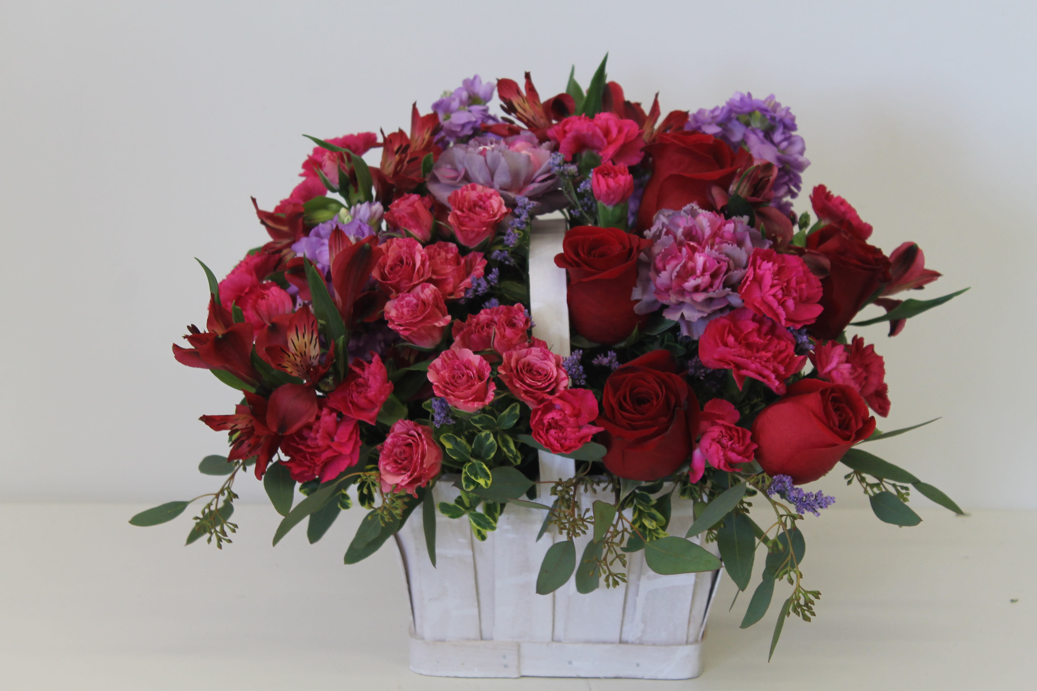 Love Basket - Rose, Spray Rose, Carnation, Limonium,, Seeded Eucalyptus, Stock, Mini Carnation 