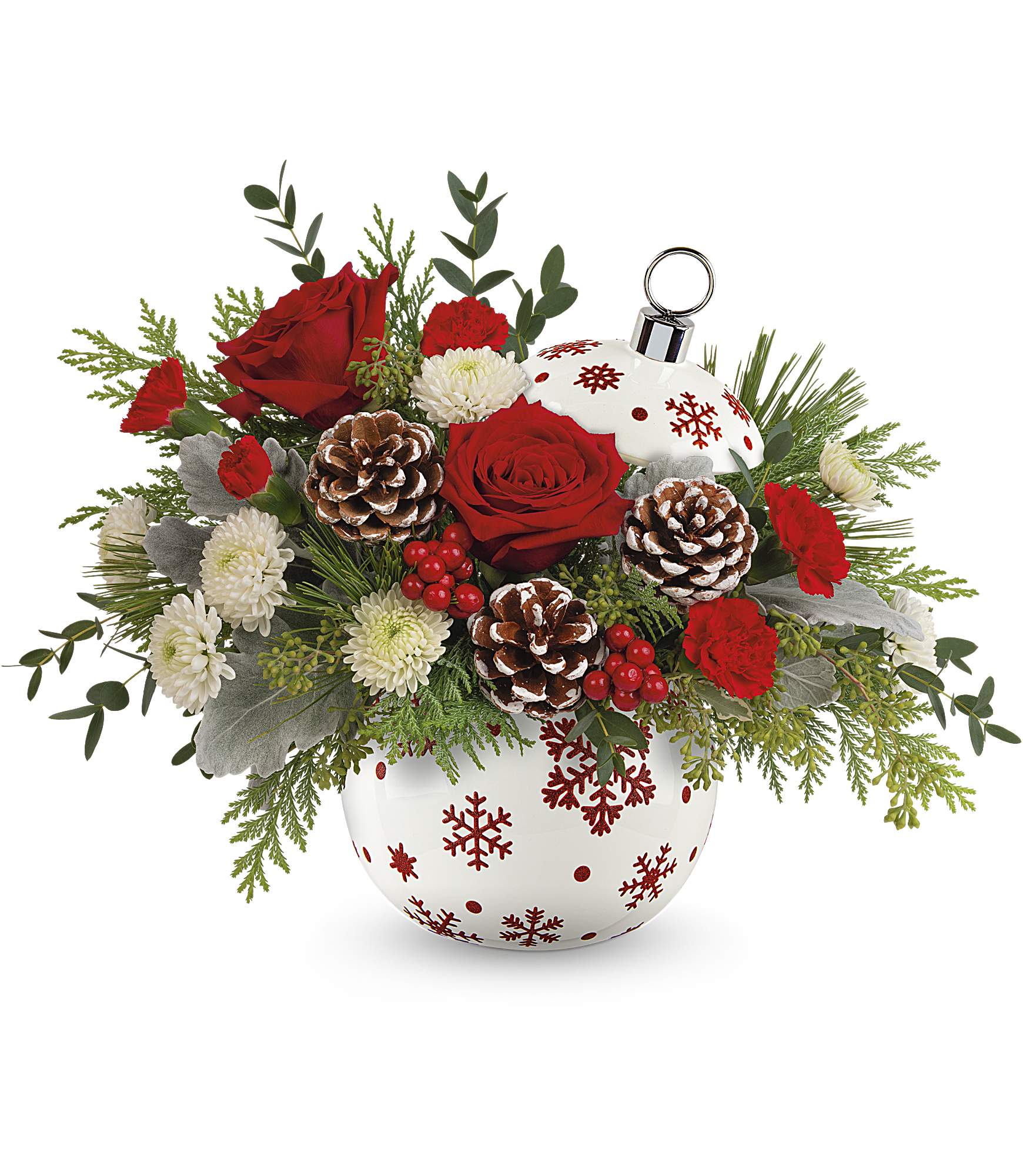 Sprinkle Sparkle Bouquet - Brighten your Christmas with a bouquet of vibrant red roses and winter greens, beautifully arranged in a hand-painted ceramic ornament jar with sparkling stars. It's perfect for holding wrapped candies and holiday treats afterward! Teleflora's Sprinkle Sparkle Bouquet features red roses, miniature red carnations, and white button spray chrysanthemums. Enhanced with cedar, white pine, seeded eucalyptus, dusty miller, and parvifolia eucalyptus, it's presented in Teleflora's Sprinkle Sparkle Ornament, adding seasonal elegance to any celebration. Approximately 14 1/2&quot; W x 11 1/4&quot; H