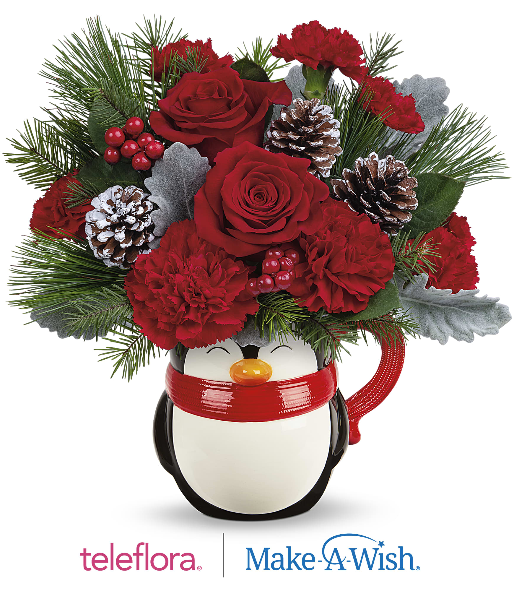 Teleflora's Send A Hug North Pole Penguin  - Bursting with Christmas blooms, this perky penguin is delighted to deliver your best wishes for a happy holiday season! The glazed ceramic mug is food-safe for sipping fun. This bouquet features red roses, red carnations, miniature red carnations, dusty miller, douglas fir and white pine. Delivered in Teleflora's Send a Hug® North Pole Penguin Mug. Approximately 11 1/2&quot; W x 11 1/2&quot; H   