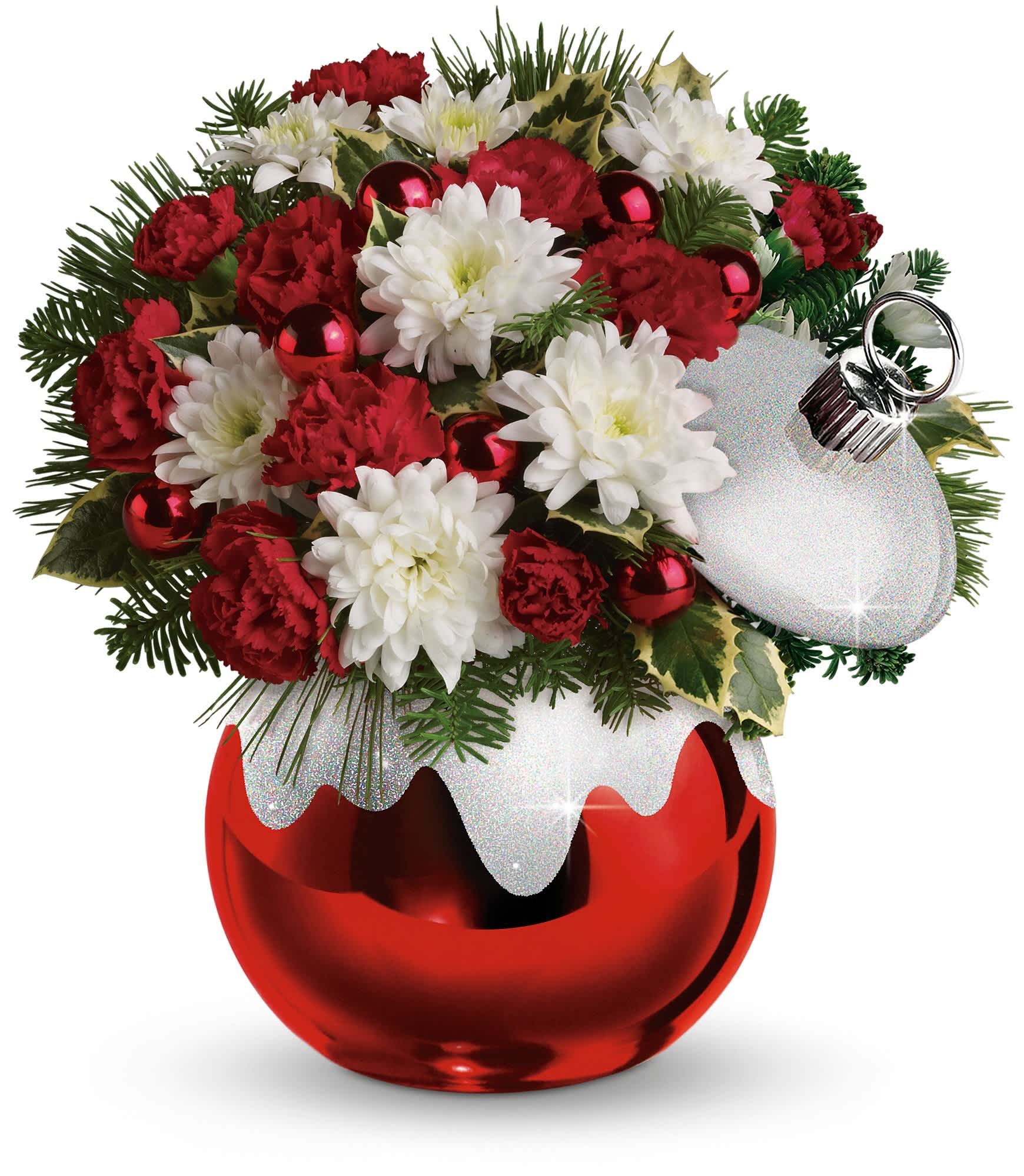 Celebrations by Radko Glitter &amp; Shine Ornament - The cheerful Radko gift includes red miniature carnations, white cushion spray chrysanthemums, variegated holly, white pine and noble fir. Approximately 10 1/2&quot; W x 11 1/2&quot; H.  T11X400A