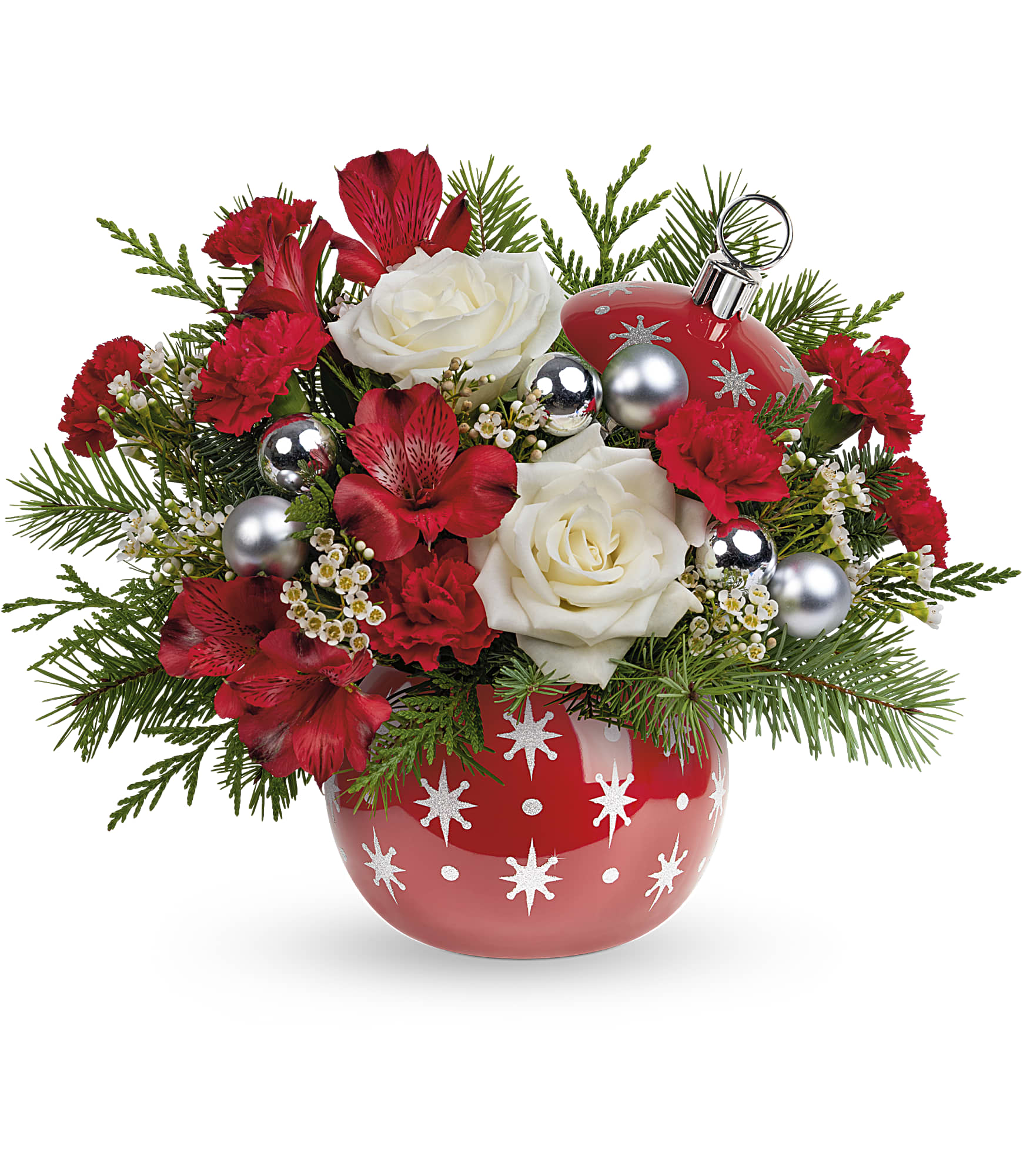 Teleflora's Twinkling Stars Bouquet  - Make Christmas twinkle with this bouquet of snow white roses and fresh winter greens, arranged in a festive, hand-painted ceramic ornament jar with sparkling stars. Later, it's perfect for wrapped candies and other holiday items!  Teleflora's Twinkling Stars Bouquet features white roses, red alstroemeria, miniature red carnations and white waxflower arranged with cedar and douglas fir. This holiday arrangement is delivered in Teleflora's Twinkling Stars Ornament. Approximately 15&quot; W x 11&quot; H  