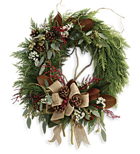 Rustic Holiday Wreath Deluxe - Capture the rustic beauty of the winter forest with this wondrous flat cedar wreath, dressed up for the holidays with burlap ribbon and a spray of red Christmas berries! This wondrous wreath includes flat cedar, curly willow, seeded eucalyptus, and magnolia leaves. Approximately 24&quot; W x 29 1/2&quot; H  