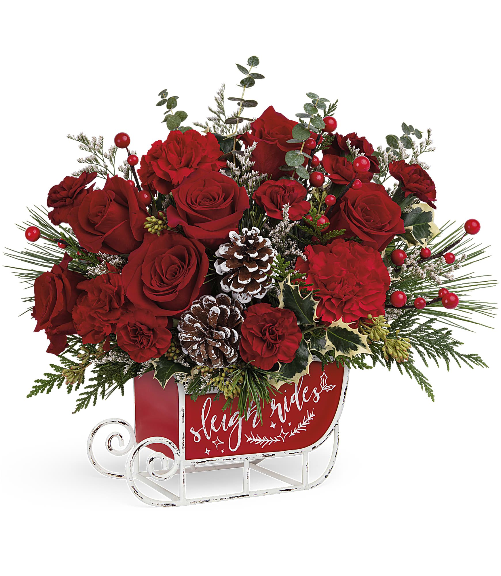 Vintage Sleigh Ride Bouquet - Set your course for festive fun with this hand-arranged, radiant red bouquet, hand-delivered in a charming metal sleigh keepsake! 