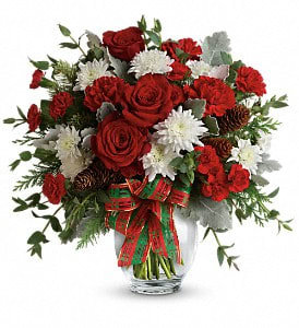 Holiday Shine Bouquet Deluxe - Make their season bright with this fun bouquet of Christmas blooms, hand-delivered in a glass ginger jar and accented with a shimmering holiday plaid ribbon. This bold bouquet includes red carnations, red miniature carnations, white cushion spray chrysanthemums, flat cedar, noble fir, dusty miller, parvifolia eucalyptus, small pinecones and wired ribbon. Delivered in a glass ginger jar. Approximately 16&quot; W x 15 1/2&quot; H  