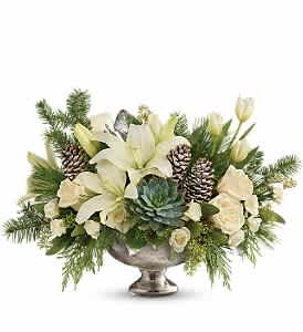 Winter Wilds Centerpiece Deluxe - Fresh winter greens and snow-white blooms are paired to perfection in this unique centerpiece, presented in a mercury glass bowl. This beautiful arrangement of crème roses, white spray roses, white tulips, and white asiatic lilies is accented with seeded eucalyptus, lemon leaf, flat cedar, douglas fir, white pine, and a large green echeveria succulent. Delivered in a mercury glass bowl. Approximately 19 1/2&quot; W x 12 1/2&quot; H  