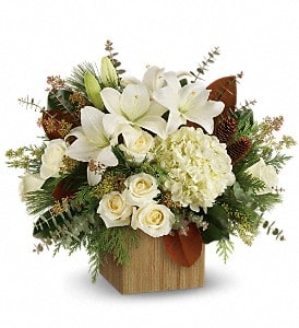 Snowy Woods Bouquet Deluxe - Hand-delivered in a chic bamboo cube, this extraordinary bouquet of snowy-white blooms and fresh greens is a modern winter gift. This winter bouquet includes white hydrangea, white roses, white asiatic lilies, magnolia leaves, seeded eucalyptus, spiral eucalyptus, flat cedar and white pine. Delivered in a bamboo cube. Approximately 21 1/2&quot; W x 18&quot; H  