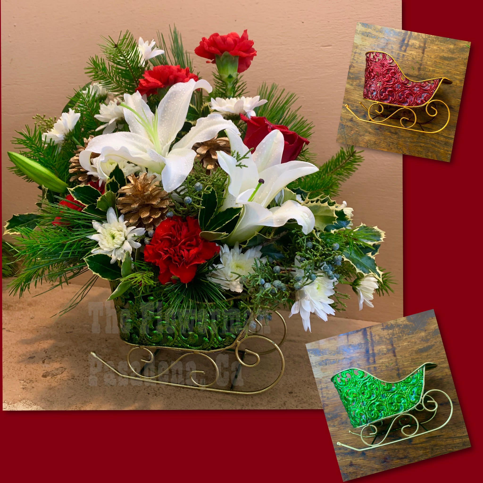 Winter Sleigh Ride arrangement  - Filled with fresh flowers and mini-presents, this charming vintage sleigh takes the holiday spirit on a real joy ride. A dashing gift for the young and young at heart that will be cherished for years. Arrangement includes White lilies, red roses,  red carnations, white chrysanthemums accented with mixed winter greens &amp; gold pine cones. Delivered in a finely crafted miniature sleigh with metal runners. Bouquet is approximately 10” W X 11” H 