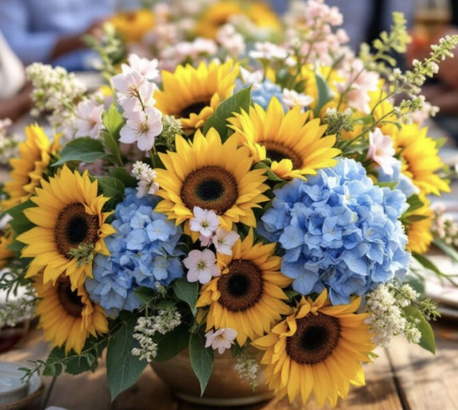 Golden SunFlowers - This arrangement feels like a breath of sunshine captured in a bouquet. Bright, golden sunflowers radiate warmth and joy, creating a vibrant centerpiece that instantly lifts the spirit. Soft sky-blue hydrangeas add a cooling contrast- a calm breeze the summer sun. Scattered delicate white blossoms weave through the design like little sparks of light, giving the bouquet a fresh, garden-gathered charm. Together, the colors create harmony of happiness, hope, and serenity- the kind of arrangement that brings life into any room and makes the recipient feel cherished, energized, and seen. Perfect for Birthday, Thank you, housewarmings, or anyone who needs a touch of pure, golden brightness. 