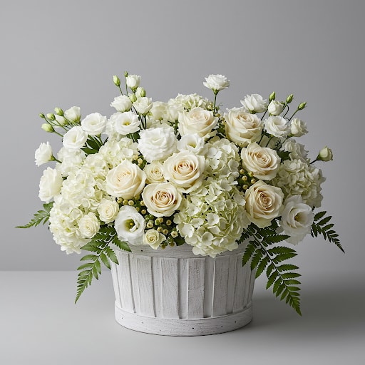 Basket of Pure Elegance - Send a Basket of Pure Elegance  Deliver a truly exquisite gift with our Basket of Pure Elegance, a premium all-white floral arrangement. Abundant in blooms, this luxurious design is perfect for sending your warmest regards for any occasion, from expressing sympathy to celebrating a new beginning.  This stunning basket overflows with lush white hydrangeas, delicate white lisianthus, and classic white roses, creating a harmonious and sophisticated display. The generous number of blossoms ensures a full and opulent presentation that's both graceful and impactful.  Let us help you send a heartfelt message of beauty and serenity. Order the Basket of Pure Elegance today and let its timeless charm speak volumes.