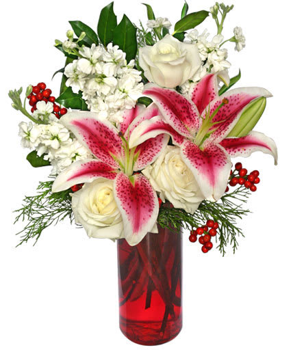 HOLIDAY BEAUTY ARRANGEMEN - Nothing says Christmas spirit quite like this bouquet! The Holiday Beauty bouquet adds a stylish and elegant twist to the classical Christmas arrangement. With white roses, stunning stargazer lilies, white stock, and holly with berries, this arrangement is sure to dazzle. 