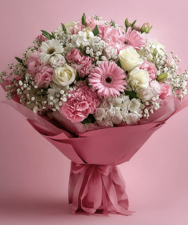 Sweet Pink  - This arrangement blooms like a soft sunrise- a delicate cloud of blush pink, ivory creams, and gentle whites. Ruffled carnations, playful gerberas, creamy roses, and a halo of baby's breath create a bouquet that feels warm, tender, and quietly luxurious.  The rounded shaped gives harmony and fullness, while the layered pink wrap and wide bow make it look like a gift wrapped with intention and love. It's the bouquet you give when the words are too small- a message of admiration, sweetness, sincerity, and a soft promise of care. 