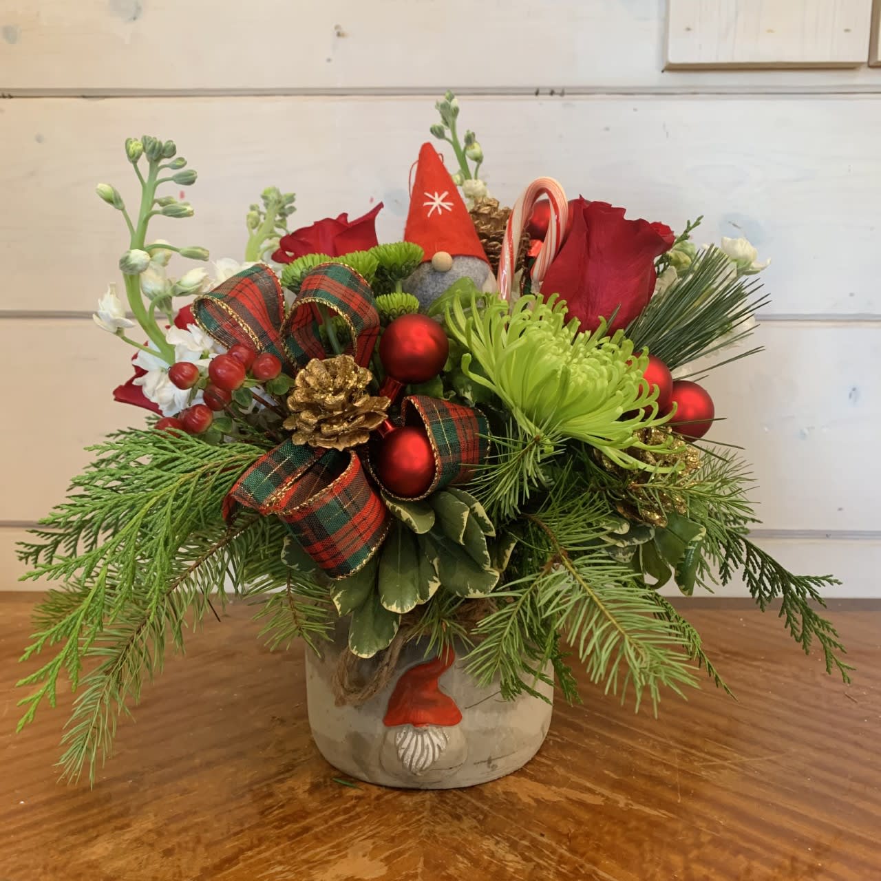 Gnome Christmas Bouquet  - Classic Christmas arrangement with a mix of our freshest red green and white flowers arranged in a cement pot featuring a festive gnome on the front. Arrangement includes small gnome ornament and candy cane along with gold pinecones red ornament balls and a bow. Approximately 12in tall and 12 in wide. 