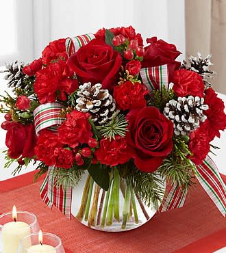 Blooms of Christmas Peace Bouquet - A rounded bouquet full of seasonal charm, these blooms celebrate family tradition and all of the great moments this time of year has to offer!