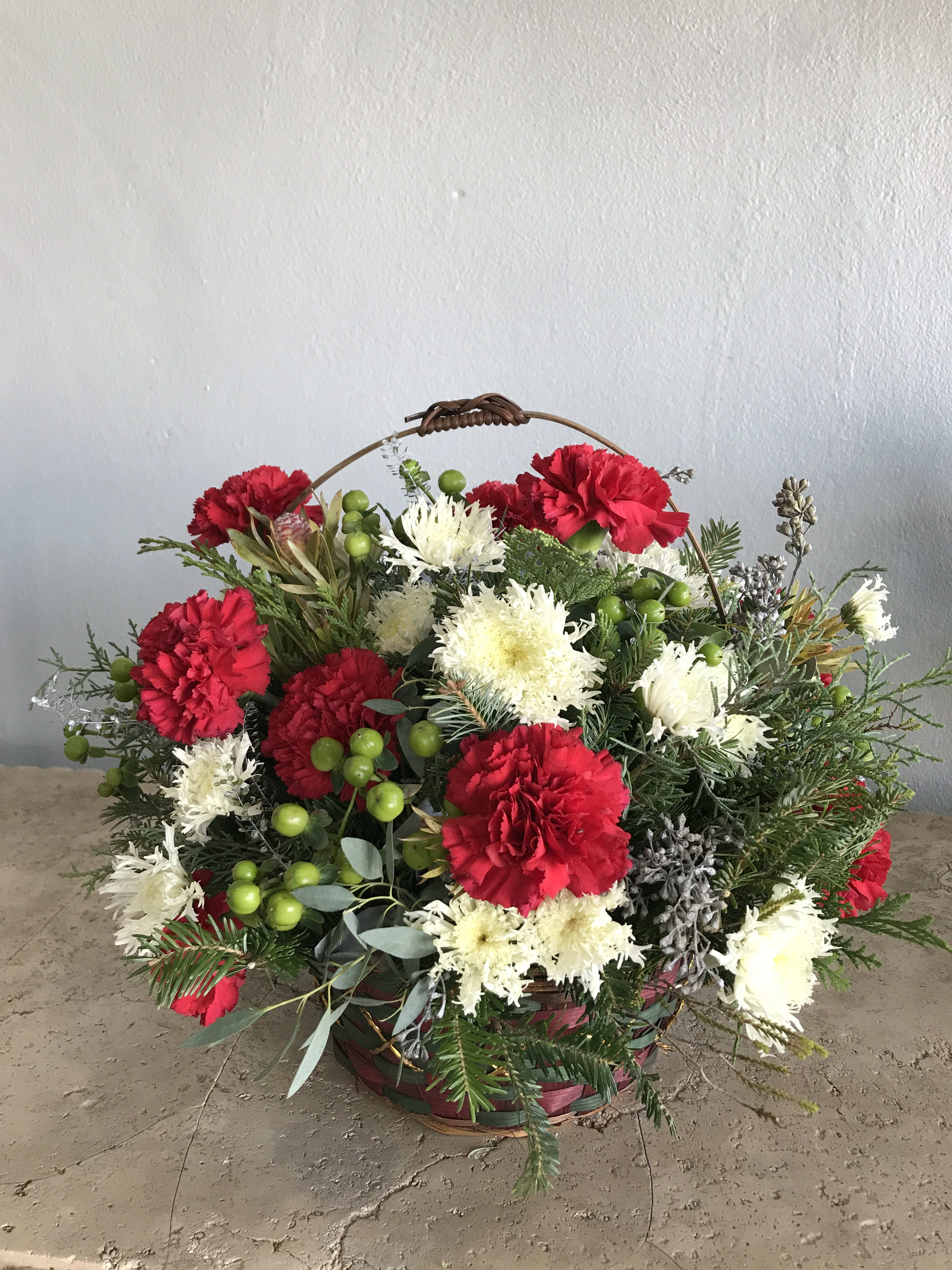 Holiday Basket - Great flower basket with lots of fresh carnations, daisies, berries and much more. A gift that captures the feeling of Christmas. Sending love to a family member or friend. Burst of Class will hand deliver to Palm Beach, West Palm Beach and surrounding areas. 
