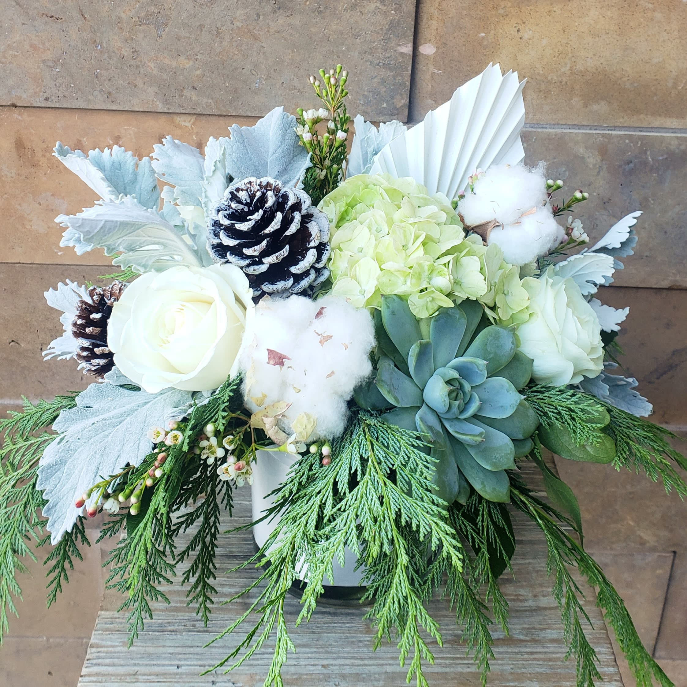 Winter Whites - Fresh, whites and greens. Interesting elements. Contemporary.  Winter and holiday design.  Low and full. 