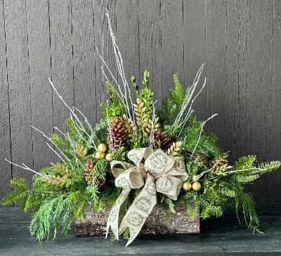 Winter Basket - Rustic winter basket overflowing with a beautiful mix of winter greenery , pine cones, berries and ribbon accents. Colors may vary!
