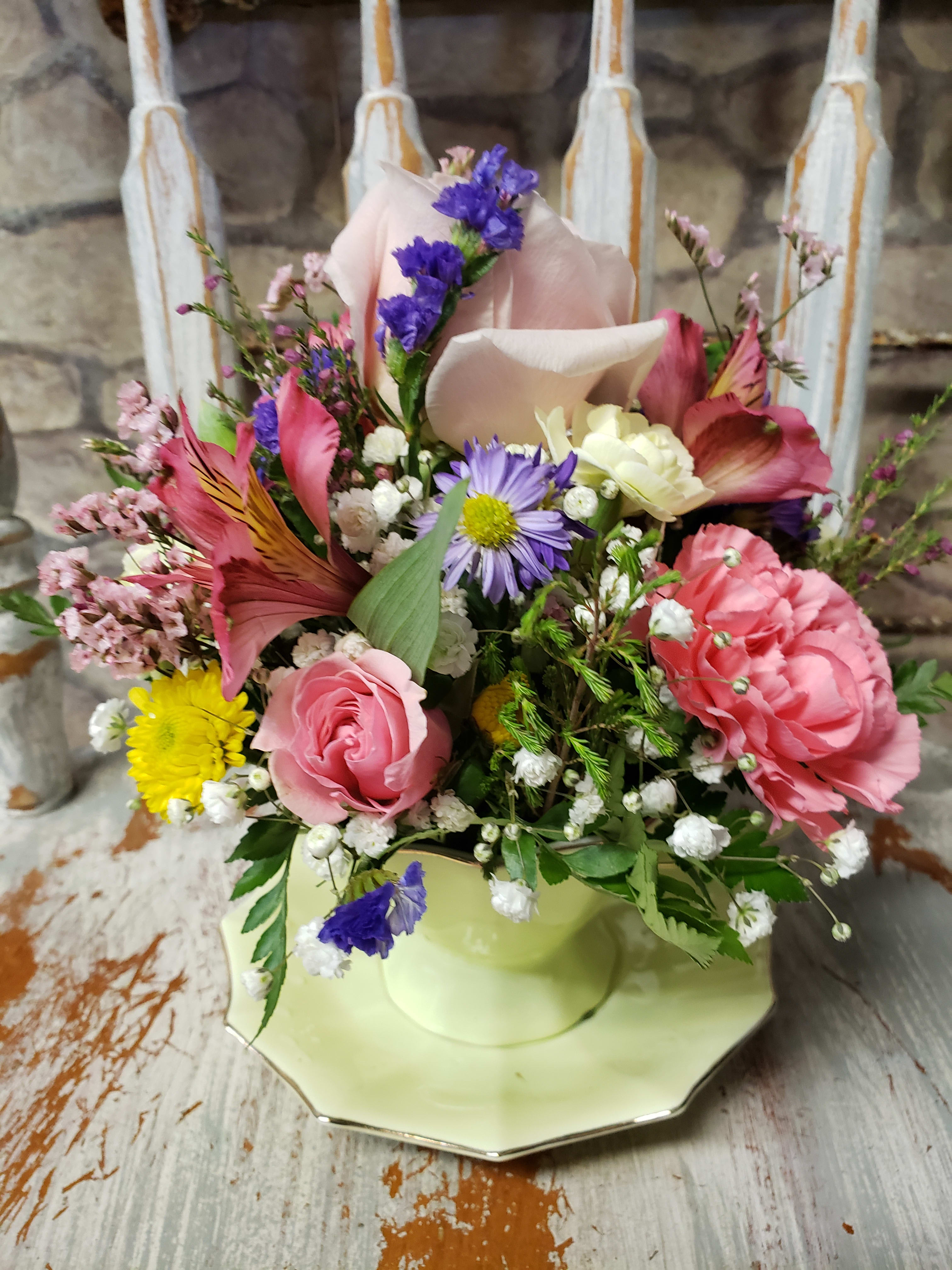 Time For Blooms &amp; Tea - SOLD OUT - WILL NOT BE THE SAME TEA SET OR FLOWERS! All sets &amp; variety are one-of-a-kind designs. A sample photo for size, shape &amp; theme only! Nice variety of Tea Cup Sets, patterns &amp; colors stocked daily.  We'll choose and design the color n floral theme with teaset pattern.