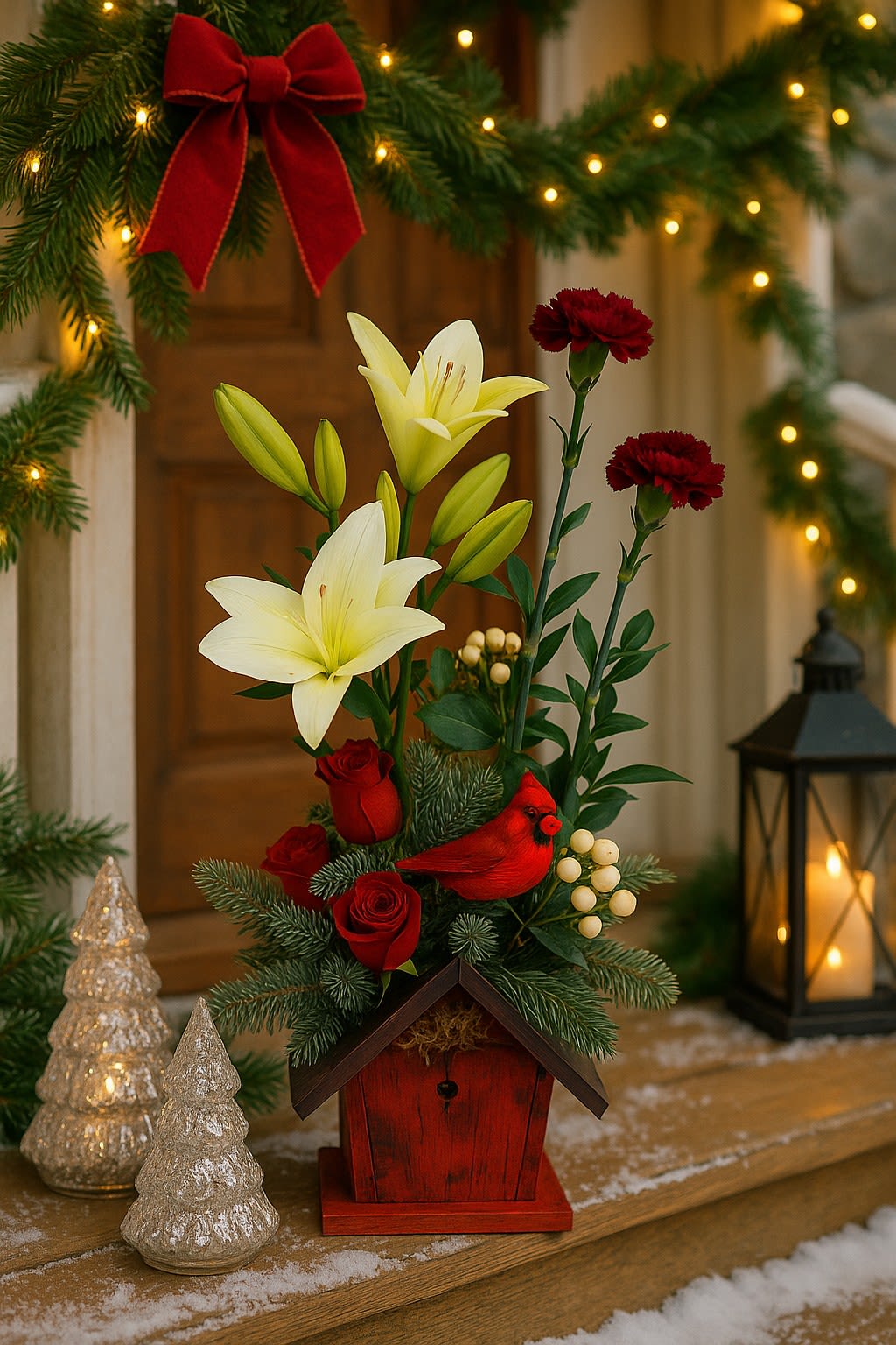 Home for Christmas (Hot this Christmas) - Holiday Re-Interpretation of a Classic: A festive take, this design brings Christmas cheer with a blend of elegance and seasonal warmth.  Exquisite Floral Selection: Beautifully arranged with:  White Royal Lily  Red Roses  Burgundy Carnation  White Hypericum  Christmas greenery  Perfect for Any Space: Set in a stylish birdcage container, this piece is ideal for adding Christmas spirit to a large desk, coffee table, or home entryway.  Festive Touches: Thoughtfully designed to capture the joy of the holidays while maintaining a refined, elegant look — perfect for gifting or seasonal décor.  Availability: Available for delivery beginning December 2nd. Christmas ornament on the table not included.