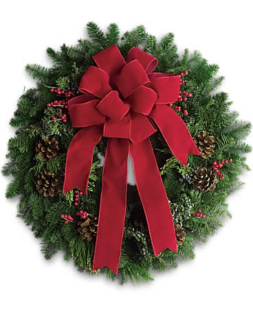 Classic Holiday Wreath - The holidays are knocking at the door. Luckily here's a gift that always gets a warm welcome! It's a classic holiday wreath with some very lovely extras.
