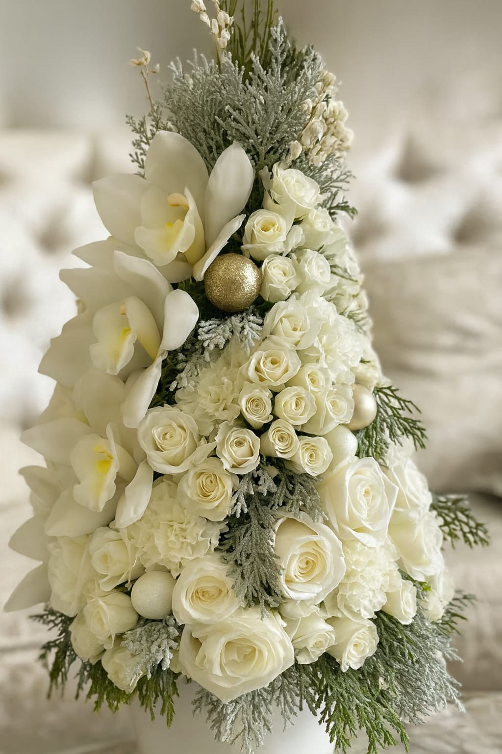 Miniature White Rose Christmas Tree  - Christmas tree adorned with ornaments. The arrangement stands 18-24in depending on size selected (Requires 24-48HR Lead-Time)   