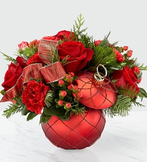Holiday red ornament bouquet - Roses, carnations, hypericum, mini carnations, pine