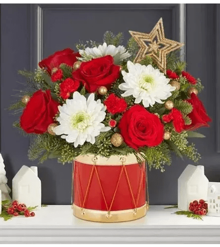 Holiday drum bouquet - Roses, mini carnations, mums, pine