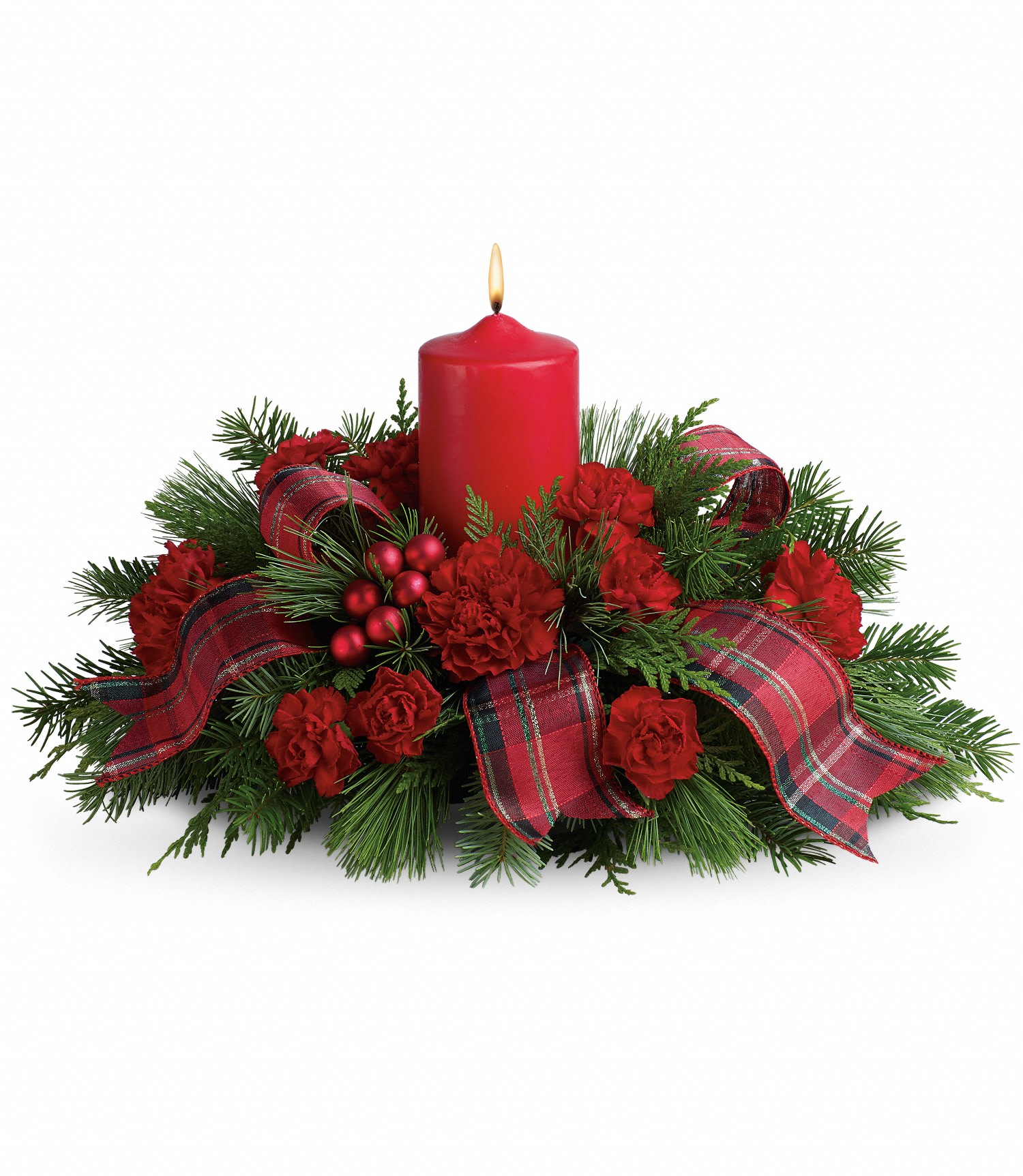 Christmas Celebration centerpiece -  Red carnations,  ornament balls, winter greens,  pillar candle 