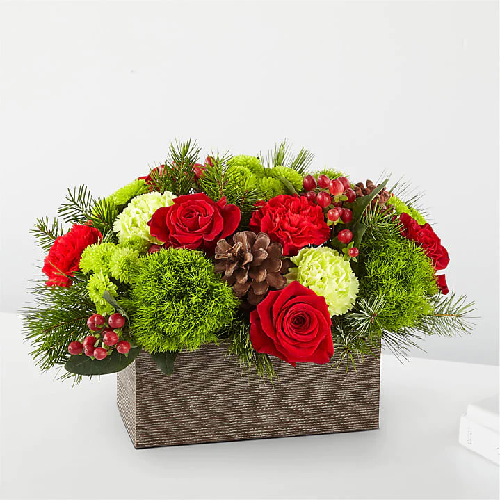 Christmas boxwood bouquet - Roses, carnations, mums,