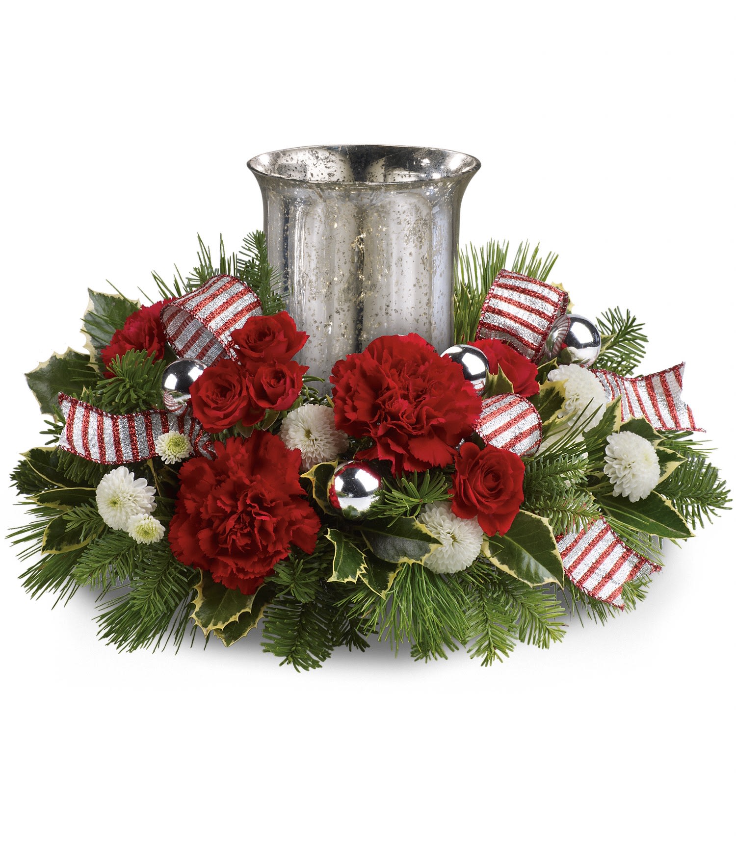  Holly Christmas Centerpiece -  Red spray roses, red carnations, white button 