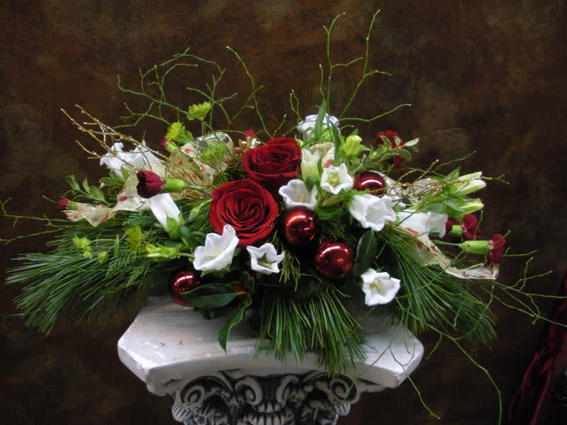 Christmas Centerpiece Arrangement (H-3238) - Roses, Carnations, Lisianthus or Canterbury Bell, Pine needles with Christmas ornaments.
