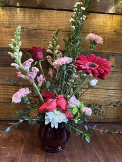Lovers Garden - Fresh Cut Arrangement Made Up in Shades of Pinks and Reds with Two Nesting Cardinals