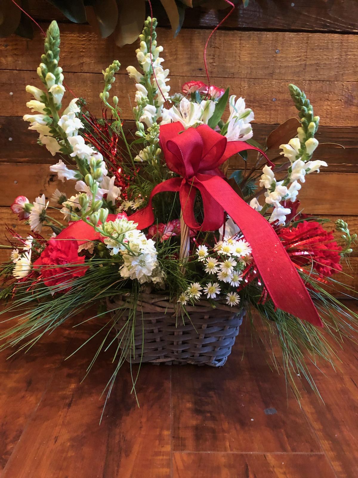 Holliday Basket - Fresh Greens, Seasonal Flowers in a Wicker Basket 