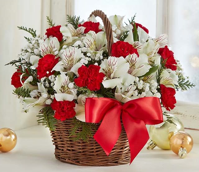 Fields Of Europe Christmas Basket - Spread holiday cheer with our basket of blooms. Capturing the natural beauty of the European countryside, this freshly gathered arrangement is designed in signature Christmas colors. A joyful surprise for family &amp; friends; a charming centerpiece for a season of celebrating.