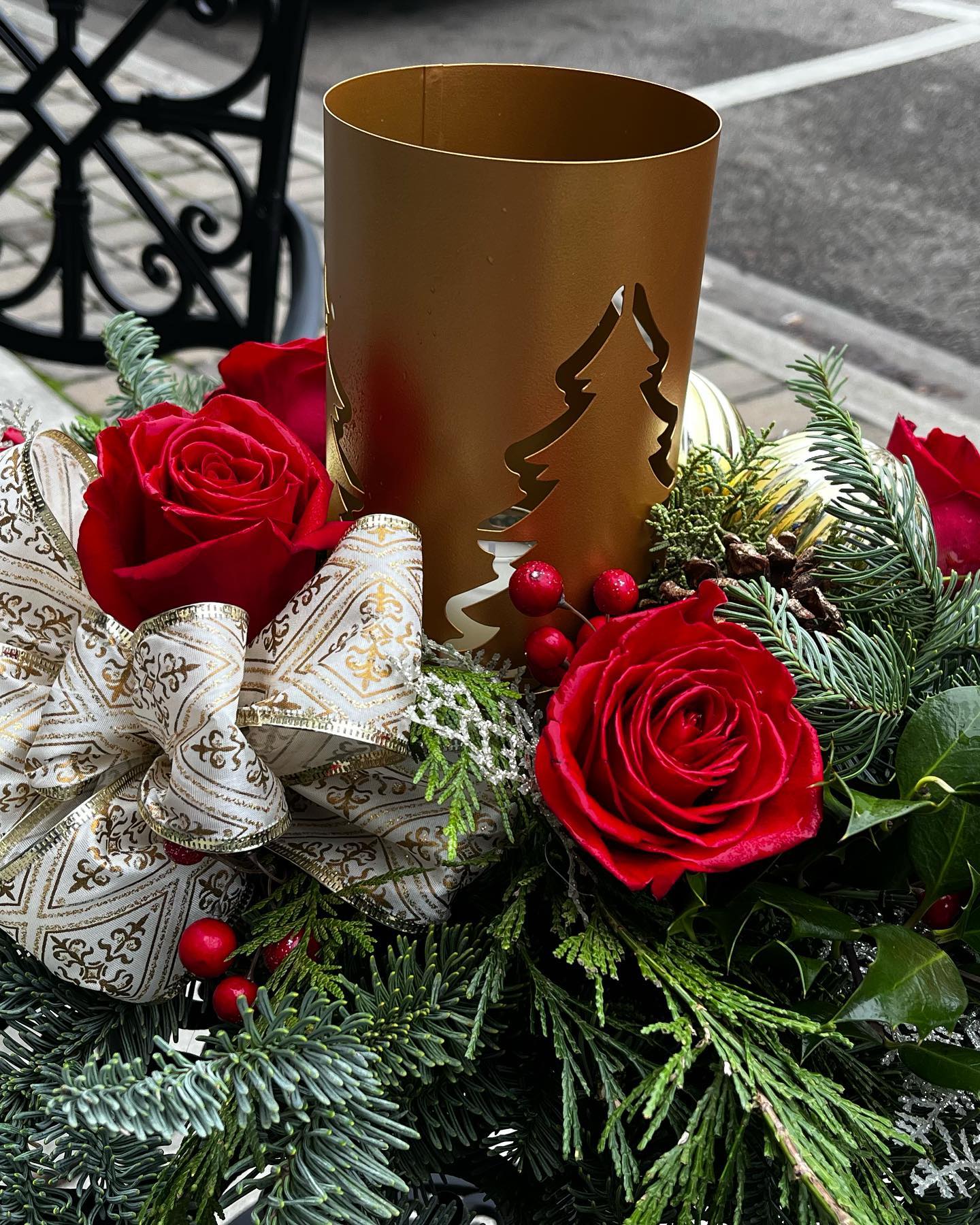 Holiday Centerpiece &quot;Tree Candle&quot; - Beautiful, and meant to be used through the new year ... and even saved for a re-fill next year. This large centerpiece will add a classy statement to any table.  Specific flowers and ribbon will vary from arrangement to arrangement ... but we promise you will fall in love with this &quot;glowing&quot; design... candle included