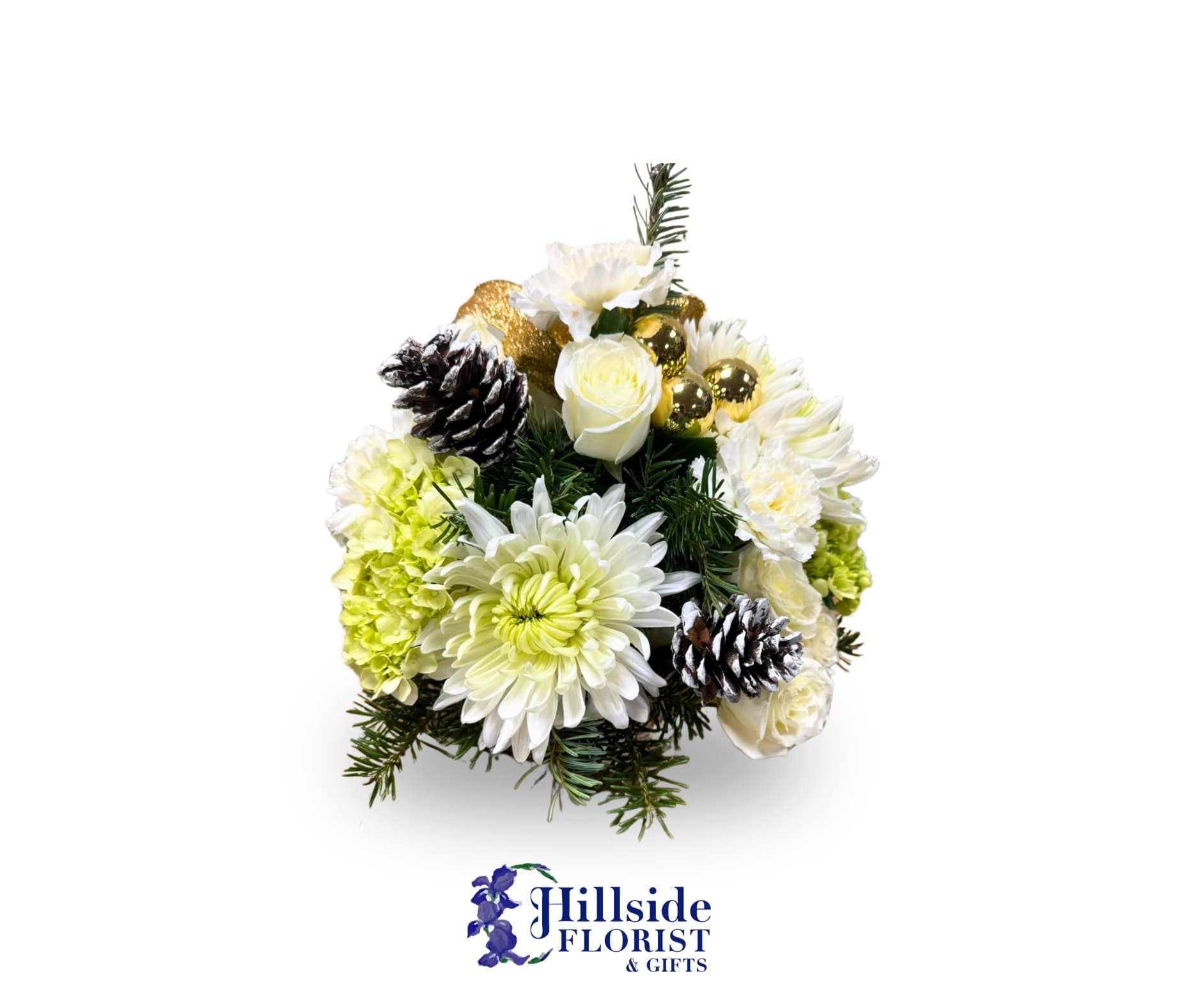 Merry and Bright  - A perfect gift for the holidays this beautiful arrangement of whites and golds will truly shine bright! The ideal setup for a side table or coffee table.   LOCAL DELIVERY ONLY 