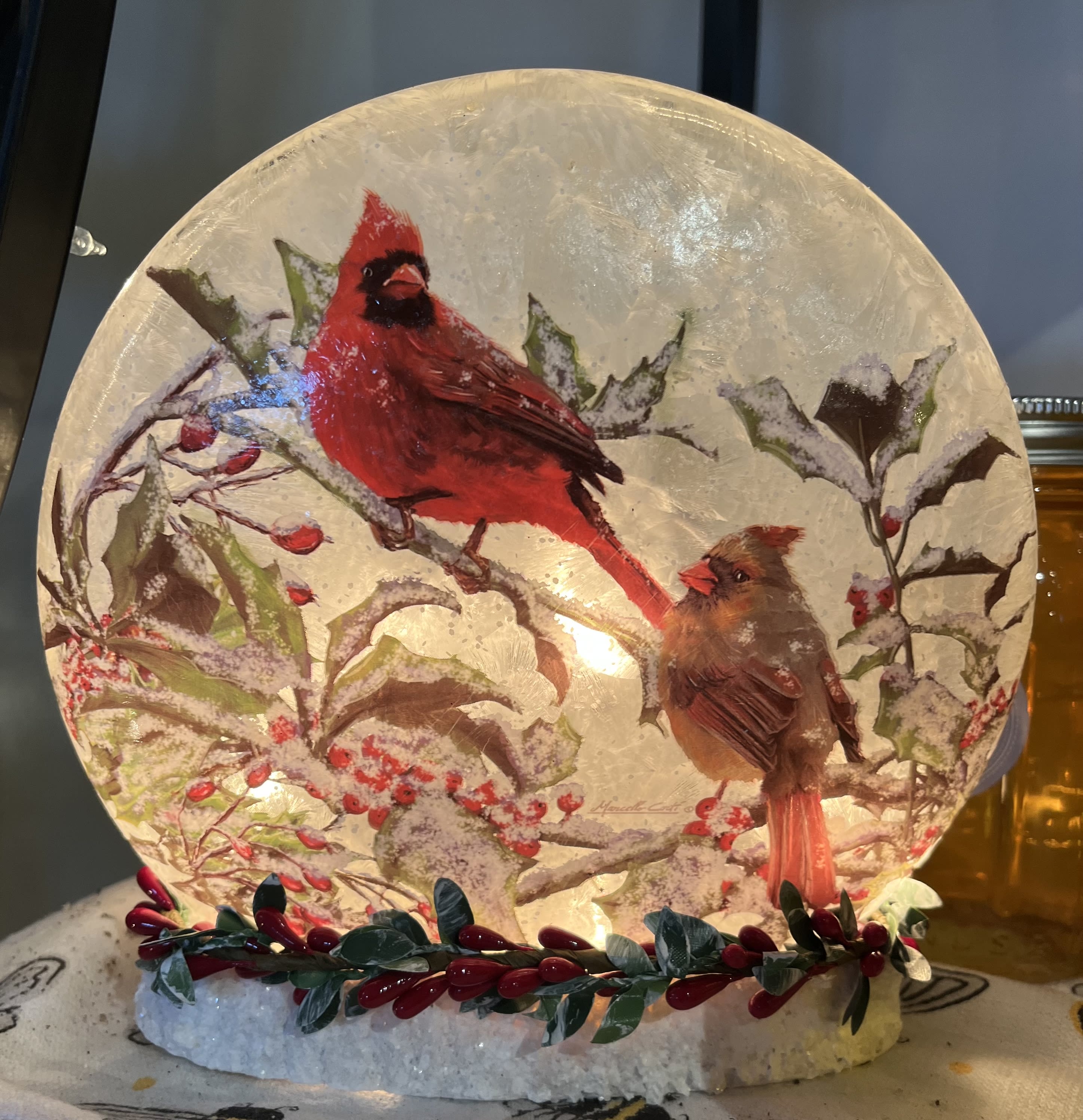 Cardinal Lighted Orb - 7 in tall by 6 in wide lighted plug in orb Includes bow 