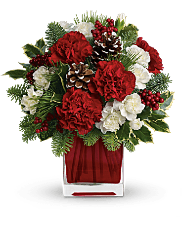Merry Little Christmas Cube -  Red cube with Christmas Greens and red and white carnations, pine cones and Christmas balls. 