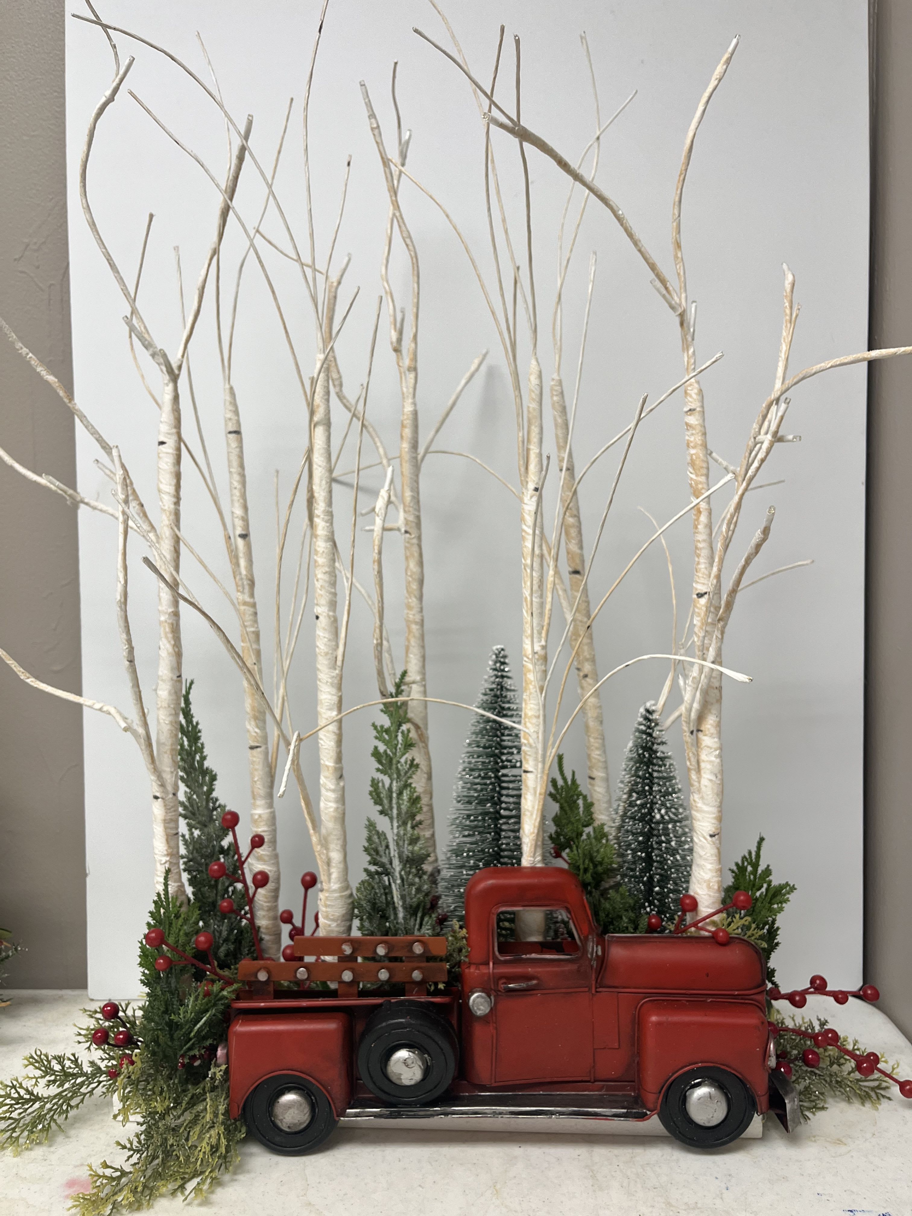 Holiday Red Truck Silk Design - 2 ft tall x 16 in wide Batteries included Trees light up