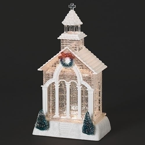 11.5"H LIGHTED SWIRL NEW ENGLAND CHURCH W/ TREE AND WREATH - This classic acrylic lighted LED Glitter Swirl church is a reminder of New England at Christmas time. It has built in led light and blower that swirls the the glitter inside. Great for small places and works on USB cord or batteries. Apartments, nursing homes, rehabs, etc are great place to add a little joy at christmas time.