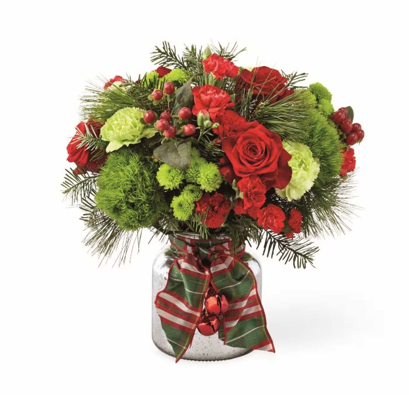 Jingle Bells (BB) - Help share the joy of the season with this bouquet. Gorgeous flowers sit in a glass vase with seasonal ribbon and pinecones, making it a gift filled with warm winter greetings. Available for same day delivery.