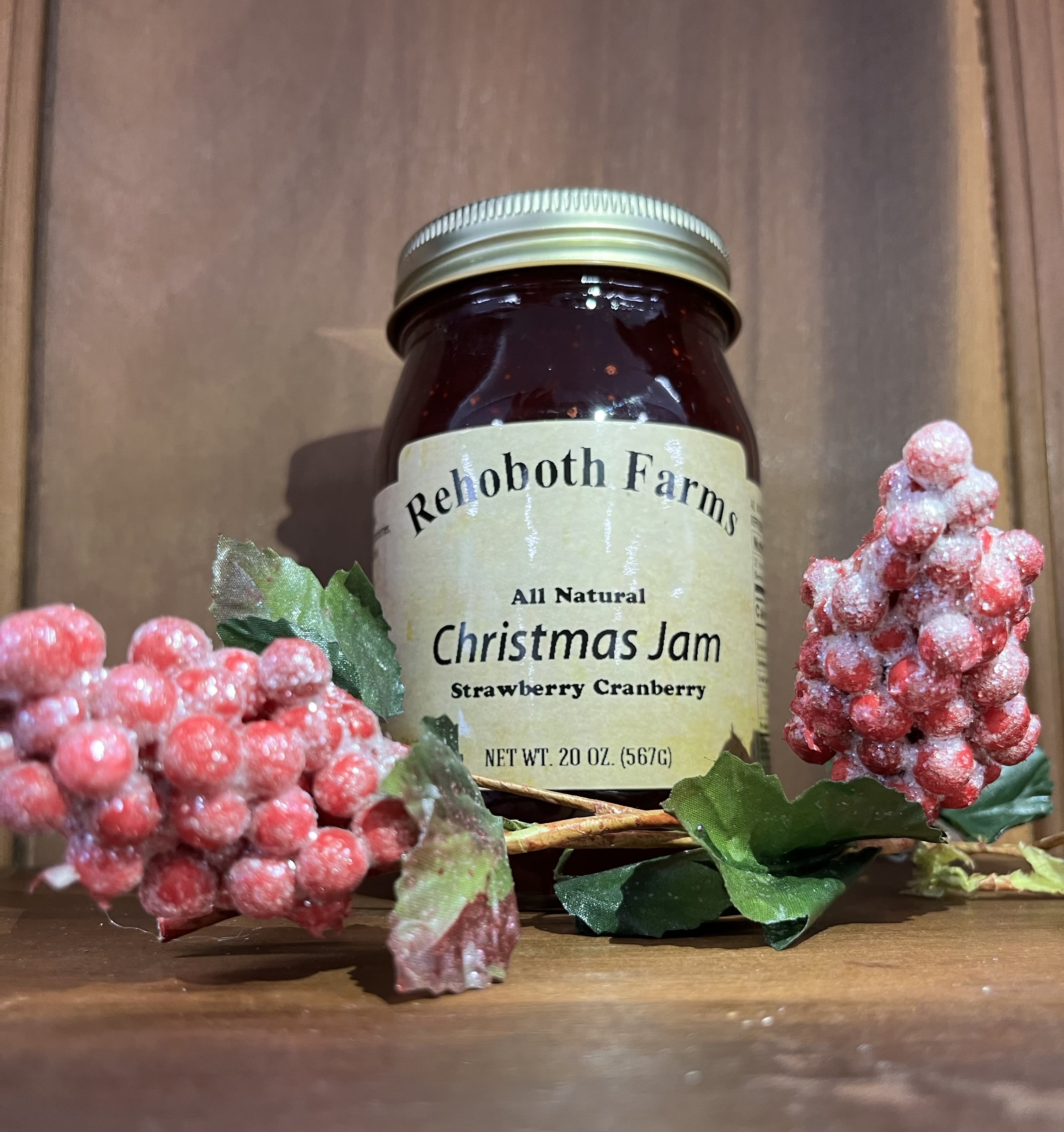 20 oz Jam  - Rehoboth Farms 20 oz. jams  Varieties Available:  Apple Butter, Cherry, Christmas Jam, Strawberry, Apricot, Peach, Red Raspberry, Blueberry, Grape, Seedless Blackberry &amp; Elderberry.  The sixth generation of the Breuil Family hopes you enjoy their wares.  Order singly or have gift crate sent to a loved one.